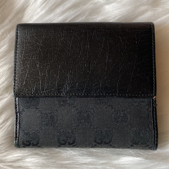 EUC-GUCCI GG BLACK LEATHER GUNMETAL HARDWARE PUSH LOCK JACKIE CANVASS WALLET - Picture 2 of 13